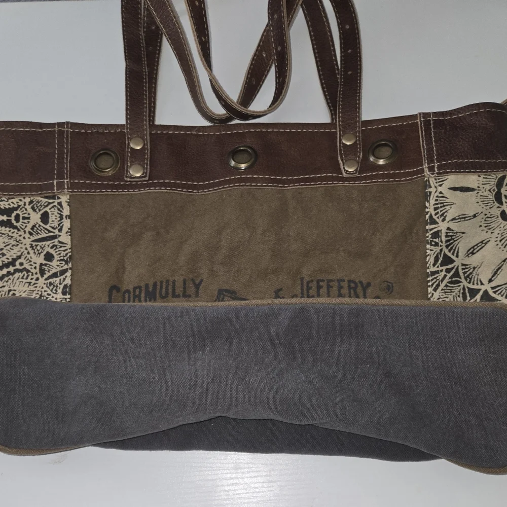 MYRA Bicycle Print Canvas/ Leather Tote Bag S-0935 18" X 13"  12"handles - Picture 4 of 15